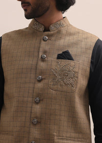 Black And Brown Embroidered Silk Kurta Jacket Set For Men