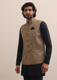 Black And Brown Embroidered Silk Kurta Jacket Set For Men