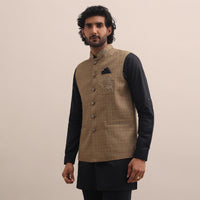 Black And Brown Embroidered Silk Kurta Jacket Set For Men