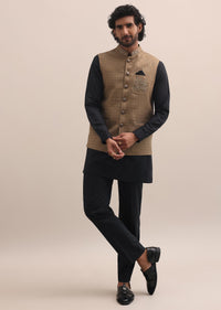 Black And Brown Embroidered Silk Kurta Jacket Set For Men