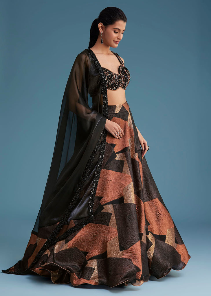 Black And Copper Lurex Glitter Lehenga Set With Fancy Choli