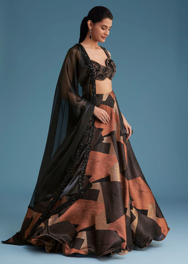 Black And Copper Lurex Glitter Lehenga Set With Fancy Choli