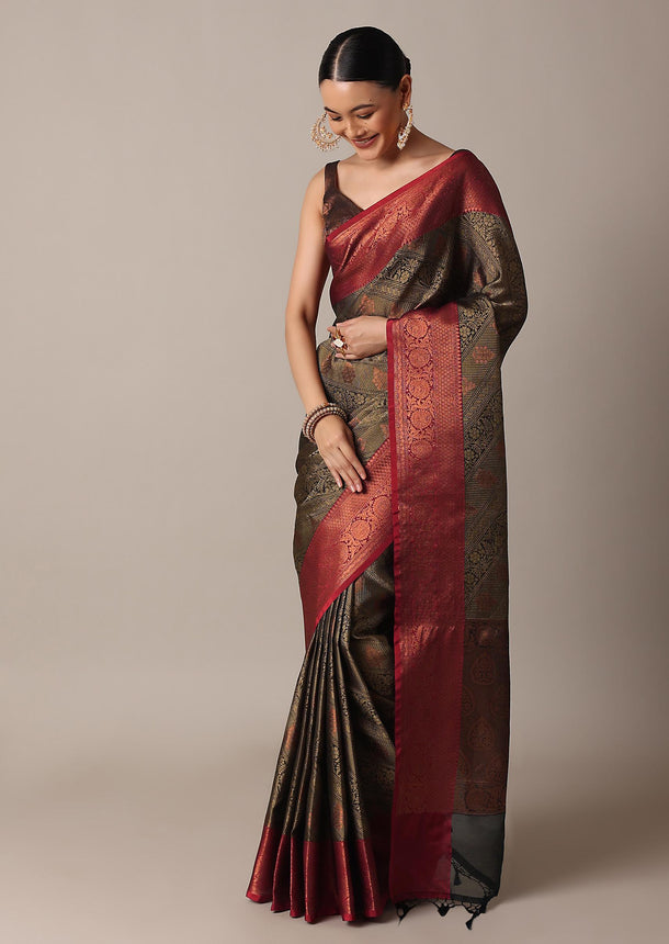 Black And Gold Banarasi Tunchui Silk Saree With Unstitched Blouse Piece