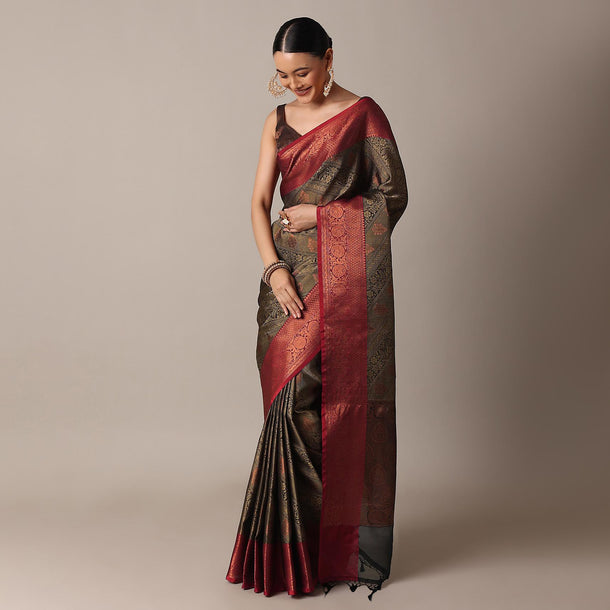 Black And Gold Banarasi Tunchui Silk Saree With Unstitched Blouse Piece