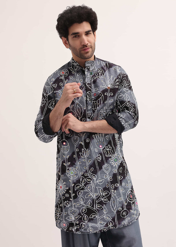 Black And Grey Embroidered Linen Kurta Patiala Set For Men