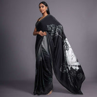 Black And Grey Ombre Saree In Satin Blend With Printed Floral Motifs And Kundan Accents Online - Kalki Fashion