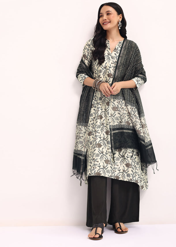 Black And Ivory Printed Chanderi Kurta Palazzo Set