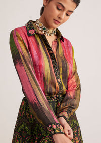 Black And Pink Silk Shirt And Skirt Set
