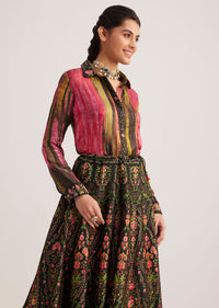Black And Pink Silk Shirt And Skirt Set