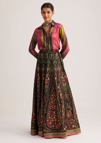 Black And Pink Silk Shirt And Skirt Set
