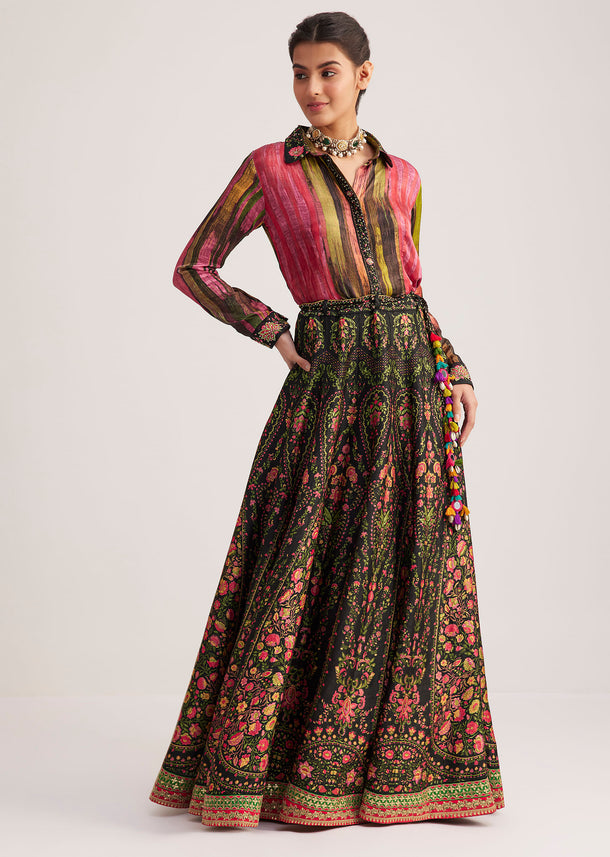 Black And Pink Silk Shirt And Skirt Set