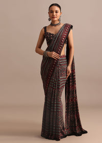 Black And Red Modal Satin Ajrakh Handblock Printed Saree