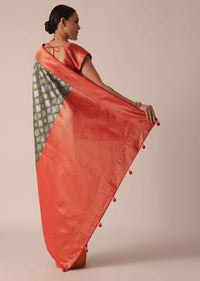 Black and Red Silk Brocade Saree With Woven Motifs And Unstitched Blouse Piece