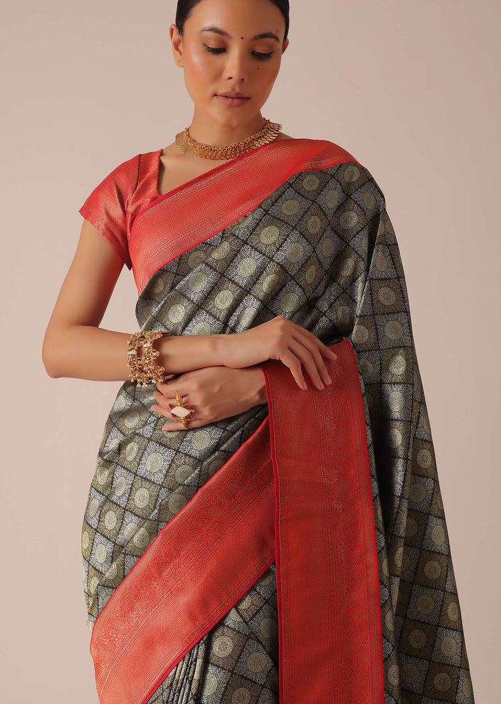 Black and Red Silk Brocade Saree With Woven Motifs And Unstitched Blouse Piece