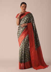 Black and Red Silk Brocade Saree With Woven Motifs And Unstitched Blouse Piece