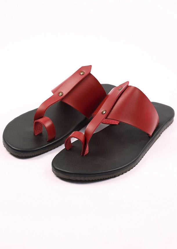 Black And Red Strappy Slides For Men In Leather With Buttons