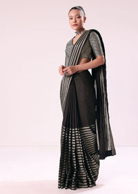 Black And Silver Half Striped Chanderi Saree And Stitched Blouse