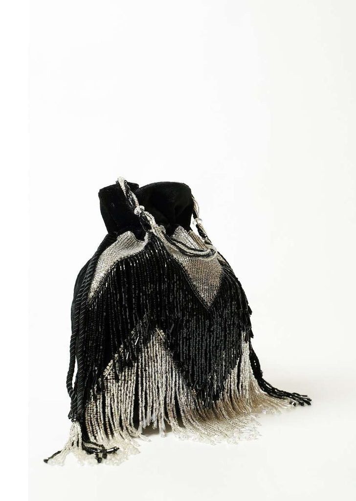 Black And Silver Potli Bag In Velvet With Bead Fringes In Chevron Design Online - Kalki Fashion