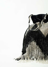 Black And Silver Potli Bag In Velvet With Bead Fringes In Chevron Design Online - Kalki Fashion