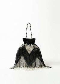 Black And Silver Potli Bag In Velvet With Bead Fringes In Chevron Design Online - Kalki Fashion