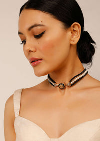 Black And White Beaded Choker With Black minakari And Kundan Studded Centre