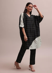 Black And White Checks Colour Block Woven Crepe Co-ord Set With Beads On Neckline