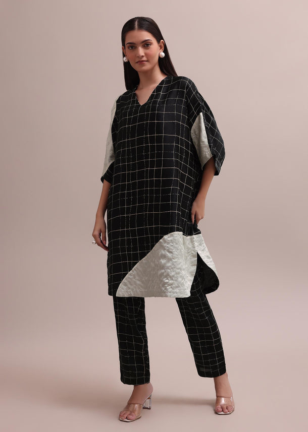 Black And White Checks Colour Block Woven Crepe Co-ord Set With Beads On Neckline