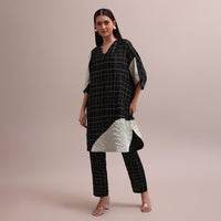 Black And White Checks Colour Block Woven Crepe Co-ord Set With Beads On Neckline