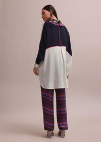 Black And White Color Block Kurta With Embroidered Collar And Striped Crepe Pants Set