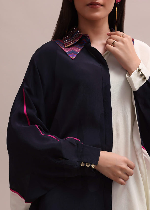 Black And White Color Block Kurta With Embroidered Collar And Striped Crepe Pants Set