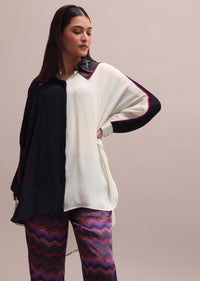 Black And White Color Block Kurta With Embroidered Collar And Striped Crepe Pants Set