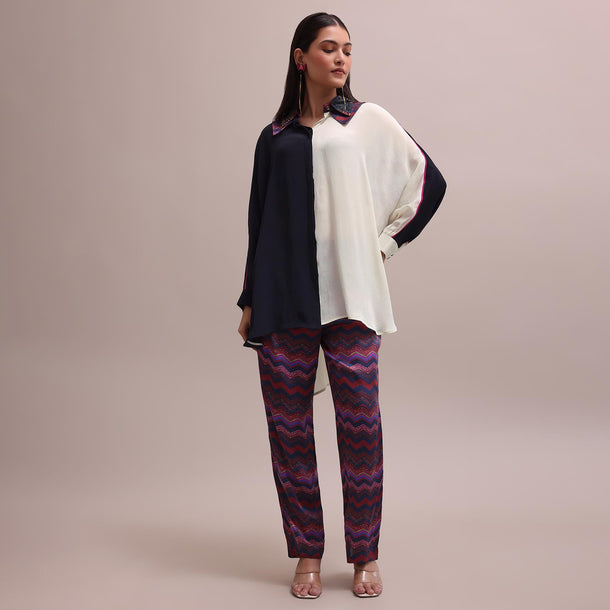 Black And White Color Block Kurta With Embroidered Collar And Striped Crepe Pants Set