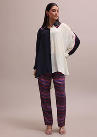 Black And White Color Block Kurta With Embroidered Collar And Striped Crepe Pants Set