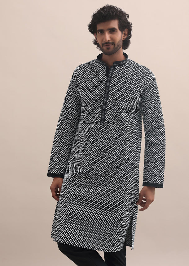 Black And White Lucknowi Cotton Kurta Set