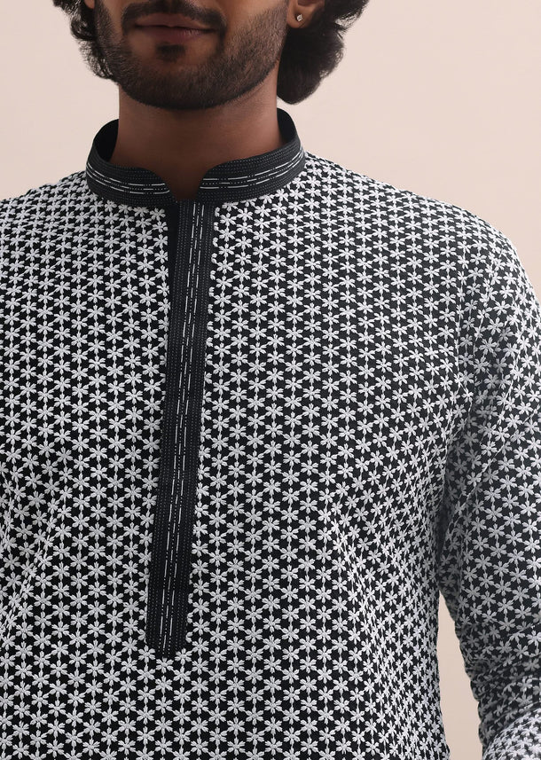 Black And White Lucknowi Cotton Kurta Set For Men