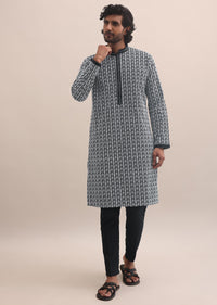 Black And White Lucknowi Cotton Kurta Set For Men