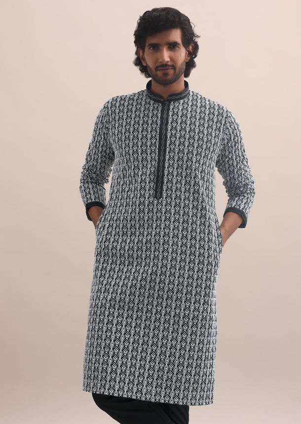 Black And White Lucknowi Cotton Kurta Set For Men