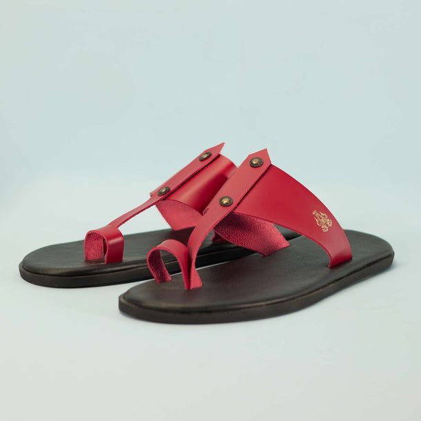 Black And Red Strappy Slides For Men In Leather With Buttons