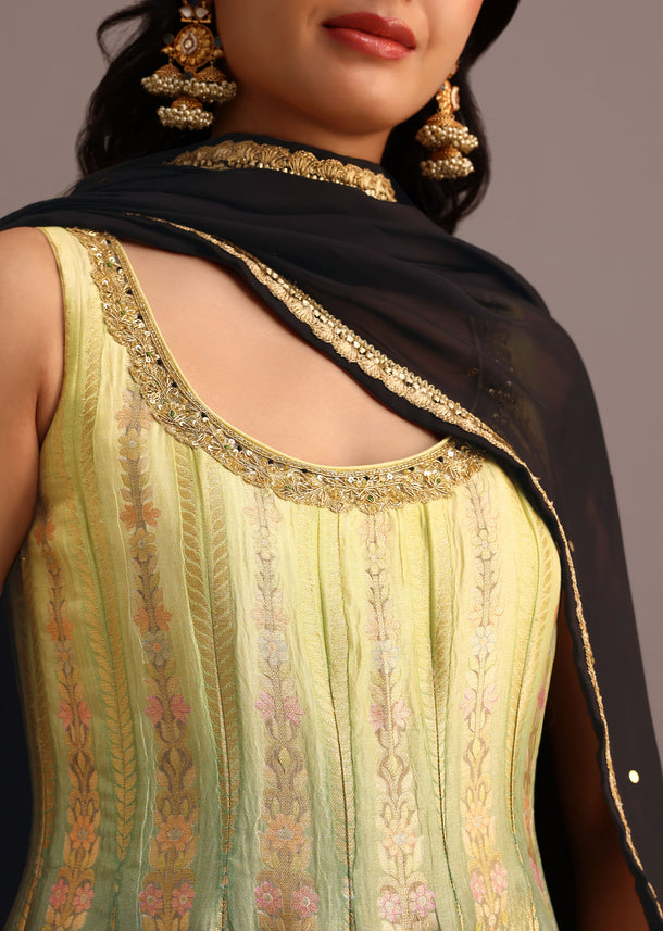 Black And Yellow Embroidered Kurti Palazzo Set With Organza Dupatta