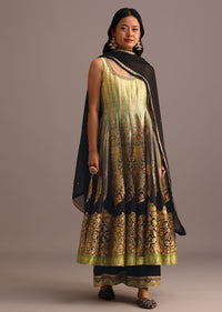 Black And Yellow Embroidered Kurti Palazzo Set With Organza Dupatta