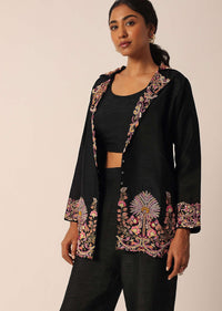 Black Art Silk Jacket And Pant Set With Sequin Work