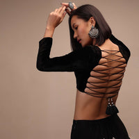 Black Backless Blouse In Velvet With Criss-Cross Tie-Up