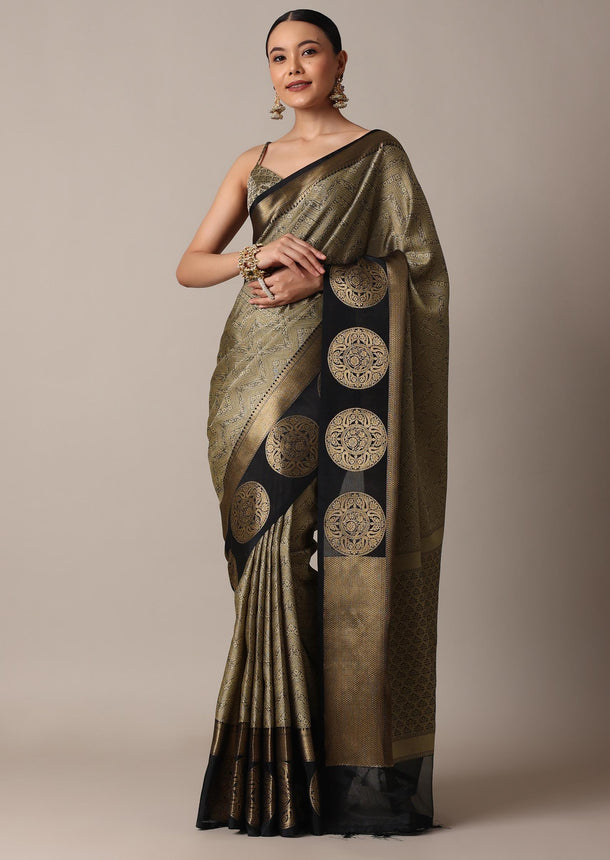 Black Banarasi Tunchui Silk Saree With Gold Motifs And Unstitched Blouse Piece