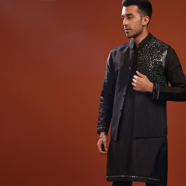 Black Bandi Jacket Set In Mysore Silk With Mirror Embroidery