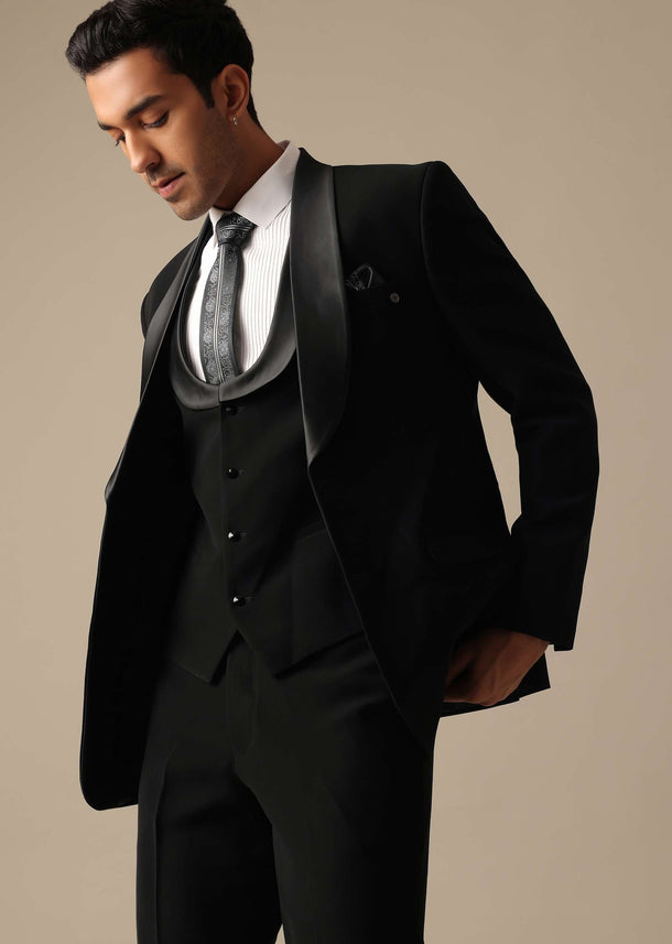 Black Blazer And Pant Set Tuxedo With Cutwork Detail