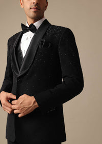 Black Blazer And Pant Set With Embroidered Detail Tuxedo Set