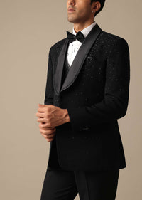 Black Blazer And Pant Set With Embroidered Detail Tuxedo Set