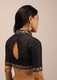 Black Blouse In Raw Silk With Resham And Cut Dana Embroidered Floral Motifs And Mandarin Collar Neckline