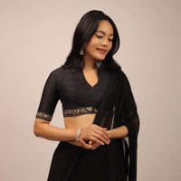 Black Blouse In Raw Silk With Resham And Cut Dana Embroidered Floral Motifs And Mandarin Collar Neckline