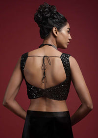 Black Blouse With Sweet Heart Neck And Sequins And Moti Work